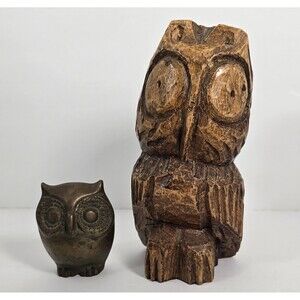 Brass and Carved Wooden Owl Figurines Homemade Home Decor